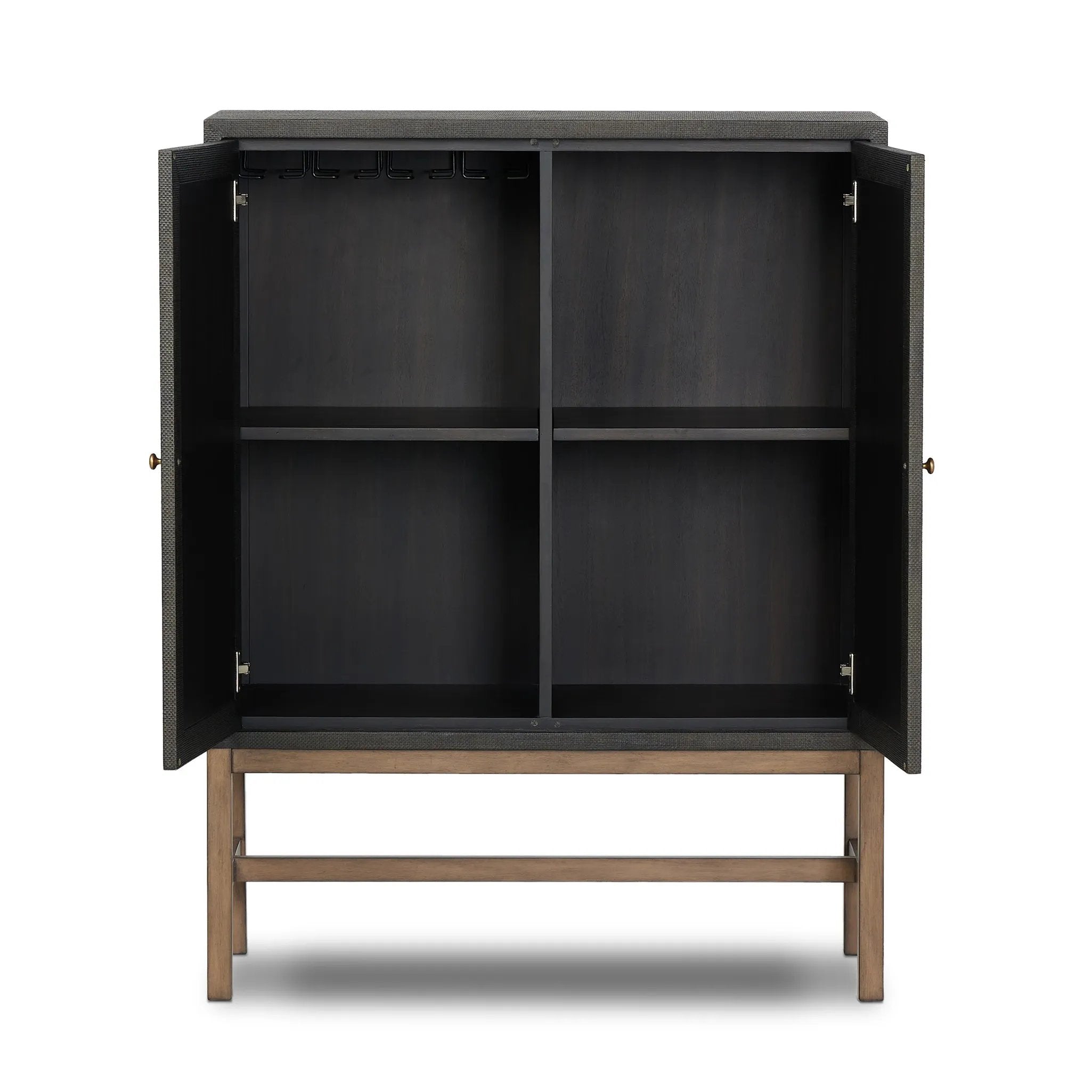 Featuring Fiona Russet Mahogany Bar Cabinet by Four Hands at Amethyst Home. Woven black raffia places a texture-driven twist on cabinetry. Simple hardware finished in an antique brass, all supported by an open, airy base of solid mahogany.Overall Dimensions: 40.00"w x 18.00"d x 52.00"hWeight : 157.63 lbsMaterials: Solid Mahogany, Iron, Sugar Palm. Amethyst Home provides interior design, new home construction design consulting, vintage area rugs, and lighting in the Newport Beach metro area.