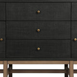 Featuring Fiona Russet Mahogany Sideboard by Four Hands at Amethyst Home. Woven black raffia places a texture-driven twist on sideboard storage. Five roomy drawers and two cabinets feature simple hardware finished in an antique brass, all supported by an open, airy base of solid mahogany.Overall Dimensions: 78.00"w x 18.00"d x 34.50"hWeight : 197.75 lbs. Amethyst Home provides interior design, new home construction design consulting, vintage area rugs, and lighting in the Newport Beach metro area.