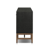 Featuring Fiona Russet Mahogany Sideboard by Four Hands at Amethyst Home. Woven black raffia places a texture-driven twist on sideboard storage. Five roomy drawers and two cabinets feature simple hardware finished in an antique brass, all supported by an open, airy base of solid mahogany.Overall Dimensions: 78.00"w x 18.00"d x 34.50"hWeight : 197.75 lbsMat. Amethyst Home provides interior design, new home construction design consulting, vintage area rugs, and lighting in the Washington metro area.