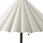 Textures and deep hues unite for this floor lamp's beautiful glow. The scalloped shade features a creamy white canvas exterior covering an antiqued brass interior, and wrought iron pull chains adjust each lightbulb in Baroque-era form Amethyst Home provides interior design, new home construction design consulting, vintage area rugs, and lighting in the Charlotte metro area.
