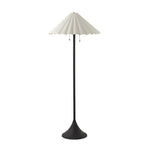 Textures and deep hues unite for this floor lamp's beautiful glow. The scalloped shade features a creamy white canvas exterior covering an antiqued brass interior, and wrought iron pull chains adjust each lightbulb in Baroque-era form Amethyst Home provides interior design, new home construction design consulting, vintage area rugs, and lighting in the Miami metro area.