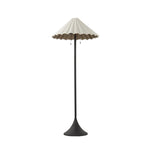 Textures and deep hues unite for this floor lamp's beautiful glow. The scalloped shade features a creamy white canvas exterior covering an antiqued brass interior, and wrought iron pull chains adjust each lightbulb in Baroque-era form Amethyst Home provides interior design, new home construction design consulting, vintage area rugs, and lighting in the Winter Garden metro area.