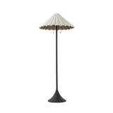 Textures and deep hues unite for this floor lamp's beautiful glow. The scalloped shade features a creamy white canvas exterior covering an antiqued brass interior, and wrought iron pull chains adjust each lightbulb in Baroque-era form Amethyst Home provides interior design, new home construction design consulting, vintage area rugs, and lighting in the Winter Garden metro area.