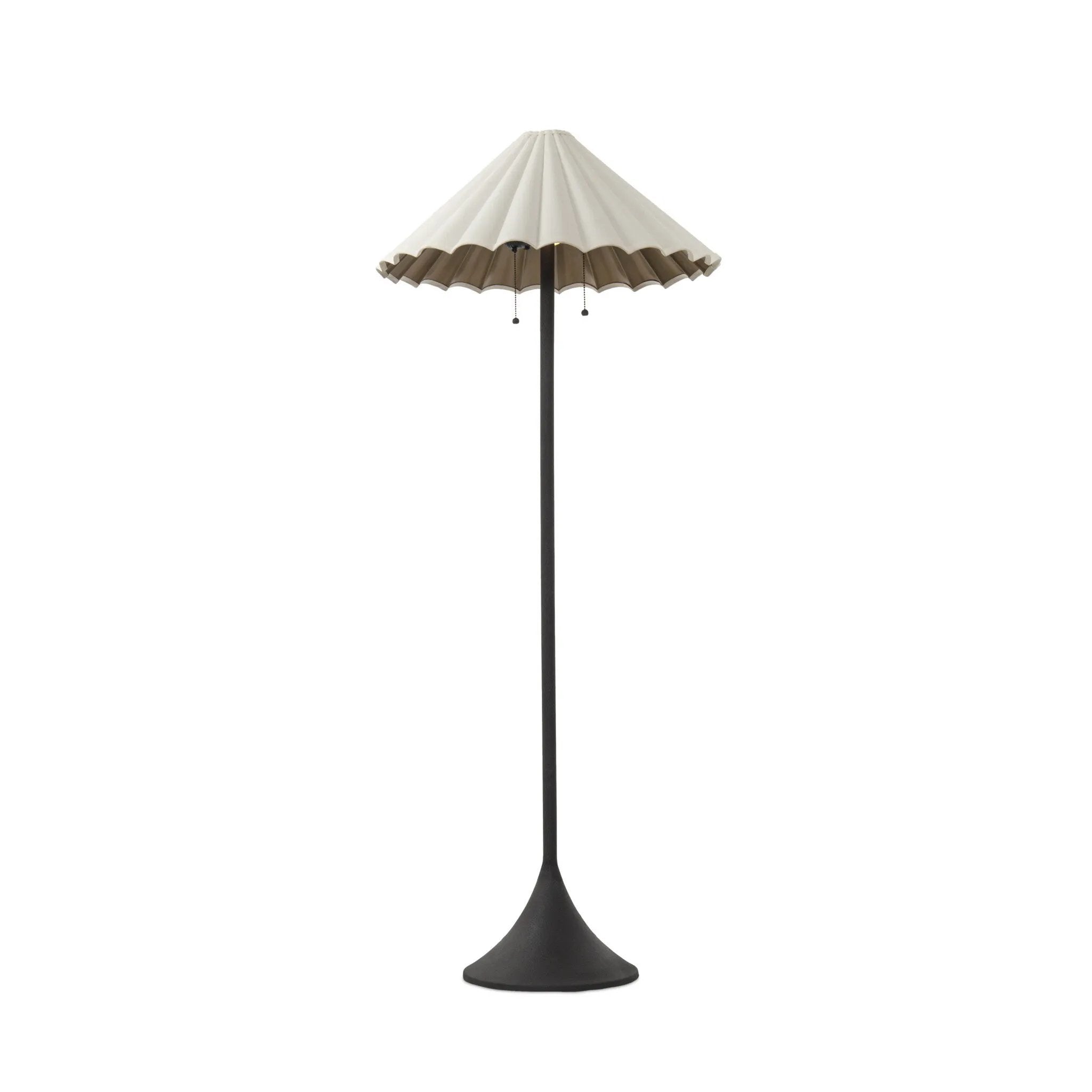 Textures and deep hues unite for this floor lamp's beautiful glow. The scalloped shade features a creamy white canvas exterior covering an antiqued brass interior, and wrought iron pull chains adjust each lightbulb in Baroque-era form Amethyst Home provides interior design, new home construction design consulting, vintage area rugs, and lighting in the Winter Garden metro area.
