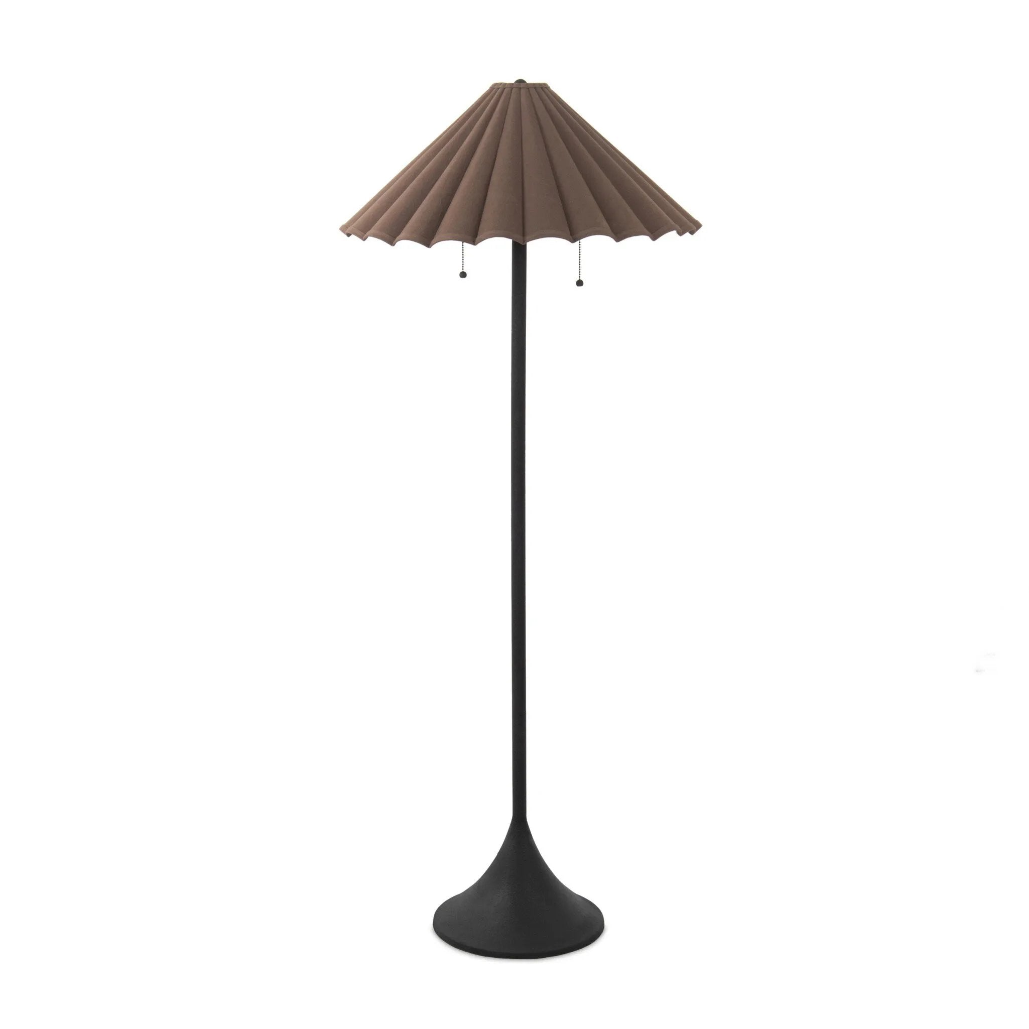 Textures and deep hues unite for this floor lamp's beautiful glow. The scalloped shade features a dark canvas exterior covering an antiqued brass interior, and wrought iron pull chains adjust each lightbulb in Baroque-era form Amethyst Home provides interior design, new home construction design consulting, vintage area rugs, and lighting in the Los Angeles metro area.