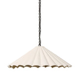Textures and contrasting hues unite for this pendant's beautiful glow. The overscale scalloped shade features a creamy white canvas exterior covering a dark, antiqued brass interior, and a wrought iron chain for maximum drama Amethyst Home provides interior design, new home construction design consulting, vintage area rugs, and lighting in the Dallas metro area.