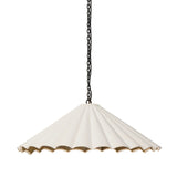 Textures and contrasting hues unite for this pendant's beautiful glow. The overscale scalloped shade features a creamy white canvas exterior covering a dark, antiqued brass interior, and a wrought iron chain for maximum drama Amethyst Home provides interior design, new home construction design consulting, vintage area rugs, and lighting in the Houston metro area.