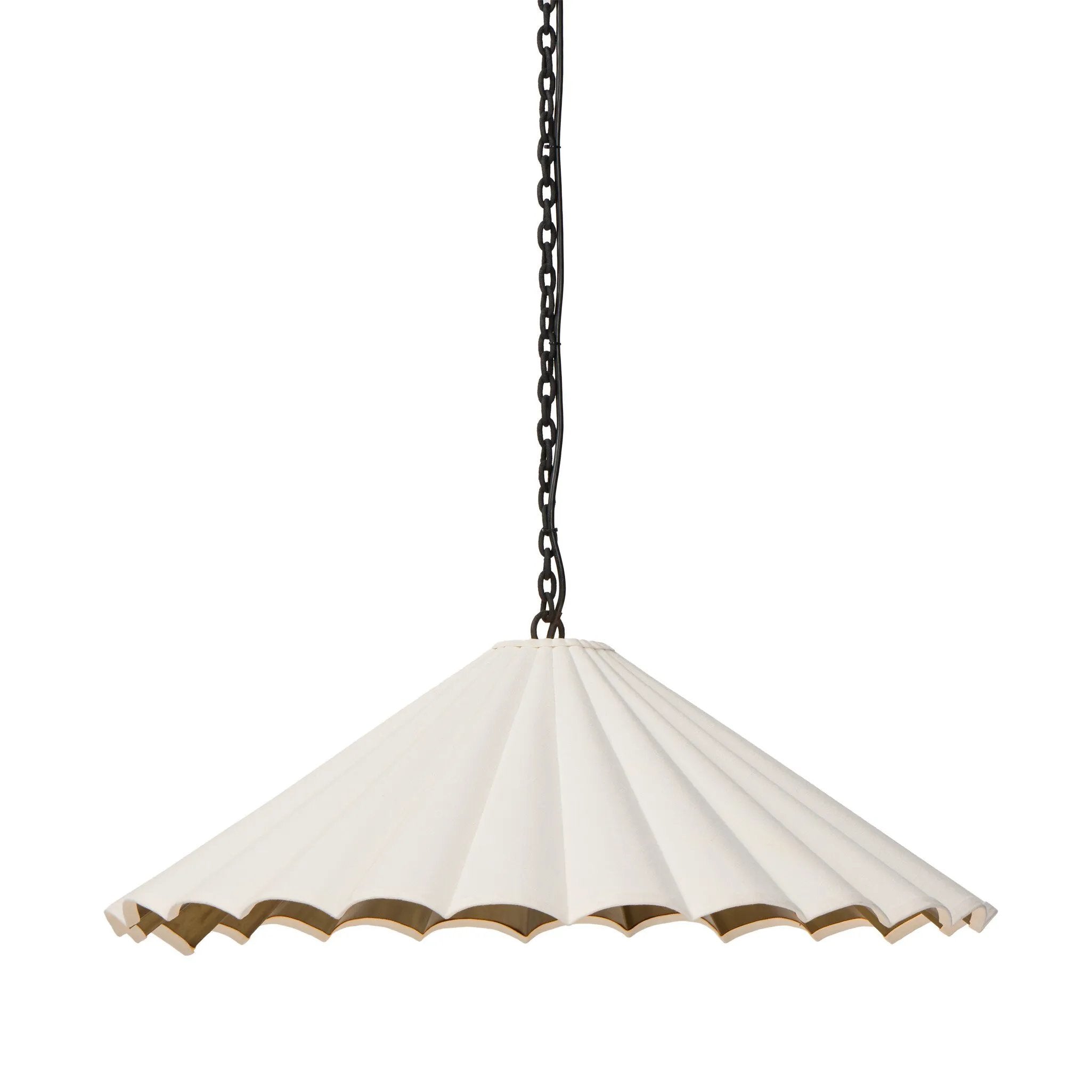 Textures and contrasting hues unite for this pendant's beautiful glow. The overscale scalloped shade features a creamy white canvas exterior covering a dark, antiqued brass interior, and a wrought iron chain for maximum drama Amethyst Home provides interior design, new home construction design consulting, vintage area rugs, and lighting in the Houston metro area.
