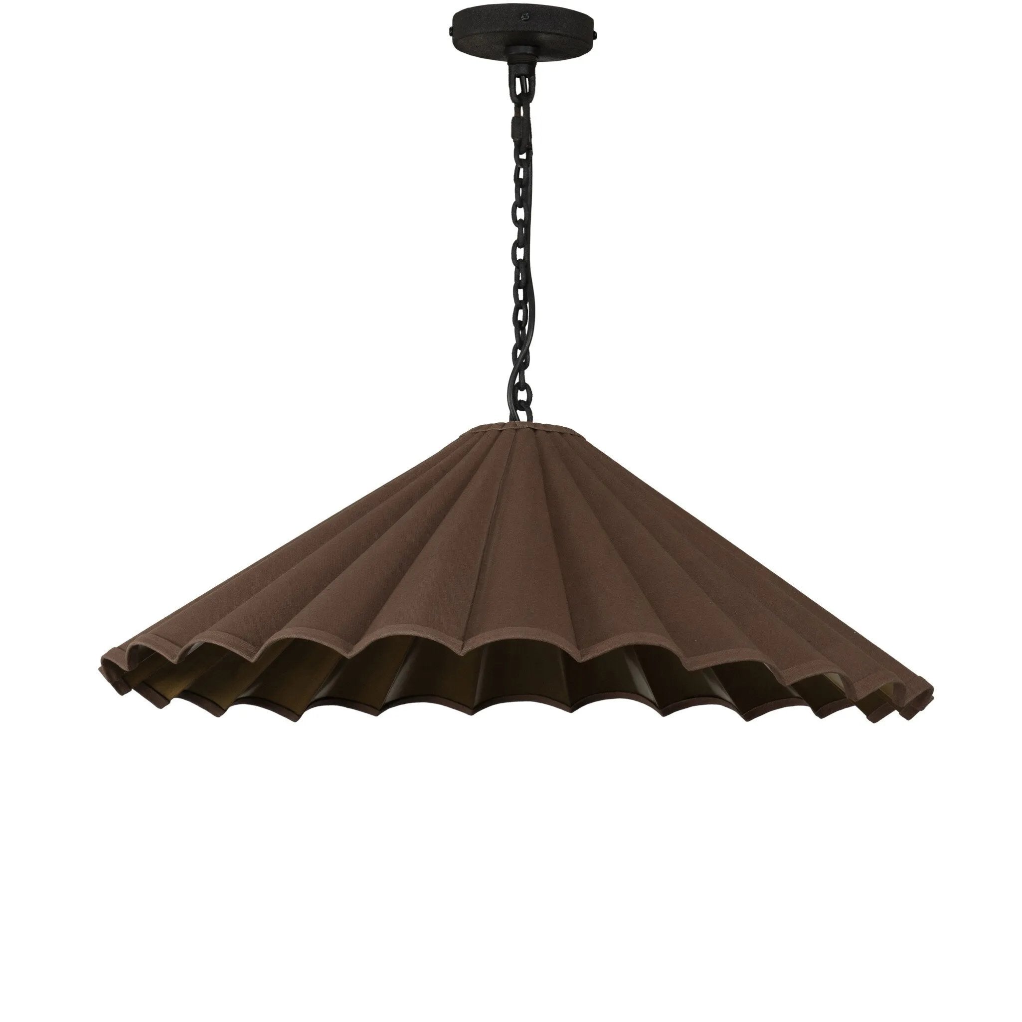 Textures and deep hues unite for this pendant's beautiful glow. The overscale scalloped shade features a dark canvas exterior covering an antiqued brass interior, and a wrought iron chain for maximum drama Amethyst Home provides interior design, new home construction design consulting, vintage area rugs, and lighting in the Newport Beach metro area.