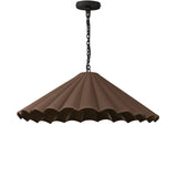 Textures and deep hues unite for this pendant's beautiful glow. The overscale scalloped shade features a dark canvas exterior covering an antiqued brass interior, and a wrought iron chain for maximum drama Amethyst Home provides interior design, new home construction design consulting, vintage area rugs, and lighting in the Tampa metro area.