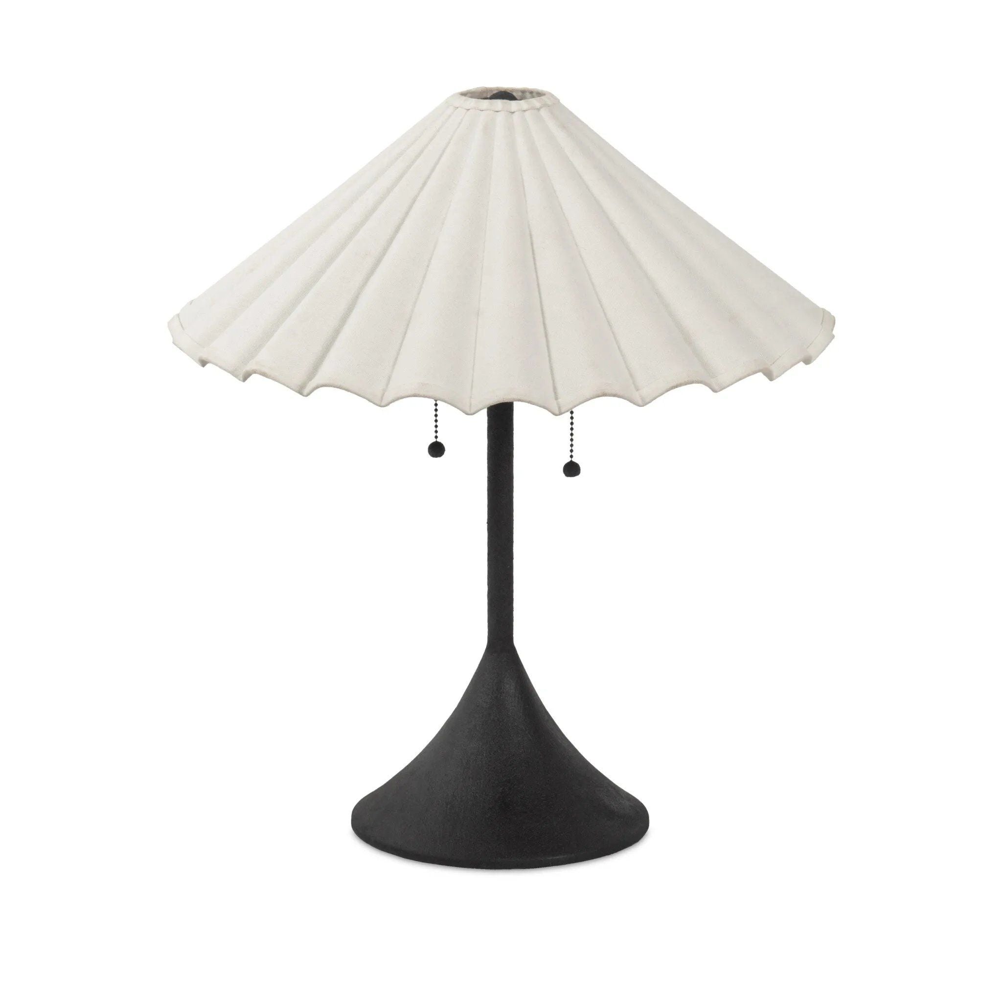 Textures and contrasting hues unite for this table lamp's beautiful glow. The overscale scalloped shade features a creamy white canvas exterior covering an antiqued brass interior, and wrought iron pull chains adjust each lightbulb in Baroque-era form Amethyst Home provides interior design, new home construction design consulting, vintage area rugs, and lighting in the Omaha metro area.