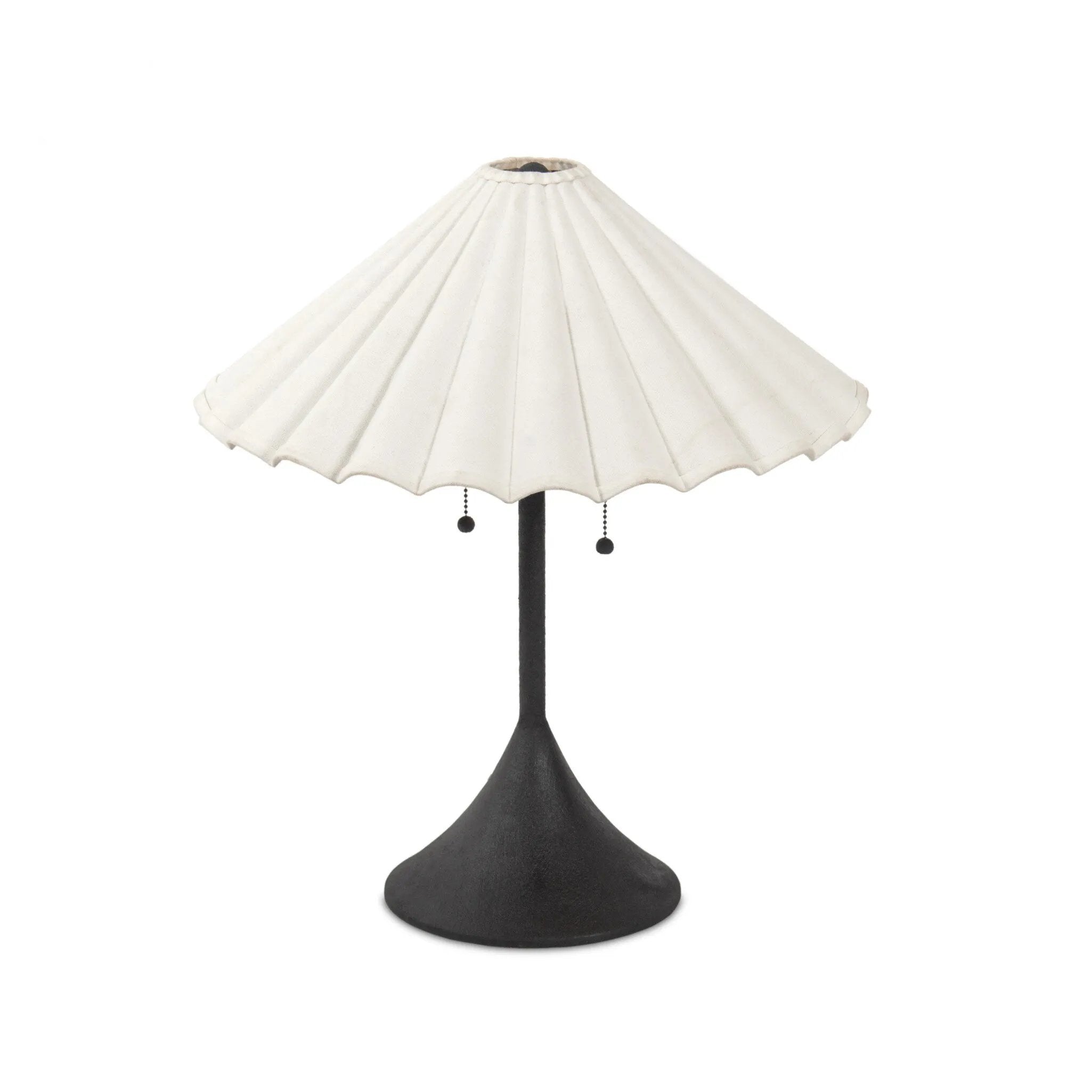 Textures and contrasting hues unite for this table lamp's beautiful glow. The overscale scalloped shade features a creamy white canvas exterior covering an antiqued brass interior, and wrought iron pull chains adjust each lightbulb in Baroque-era form Amethyst Home provides interior design, new home construction design consulting, vintage area rugs, and lighting in the Scottsdale metro area.