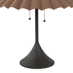 Textures and deep hues unite for this table lamp's beautiful glow. The overscale scalloped shade features a dark canvas exterior covering an antiqued brass interior, and wrought iron pull chains adjust each lightbulb in Baroque-era form Amethyst Home provides interior design, new home construction design consulting, vintage area rugs, and lighting in the Scottsdale metro area.