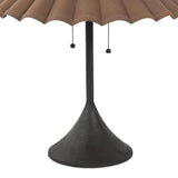 Textures and deep hues unite for this table lamp's beautiful glow. The overscale scalloped shade features a dark canvas exterior covering an antiqued brass interior, and wrought iron pull chains adjust each lightbulb in Baroque-era form Amethyst Home provides interior design, new home construction design consulting, vintage area rugs, and lighting in the Scottsdale metro area.
