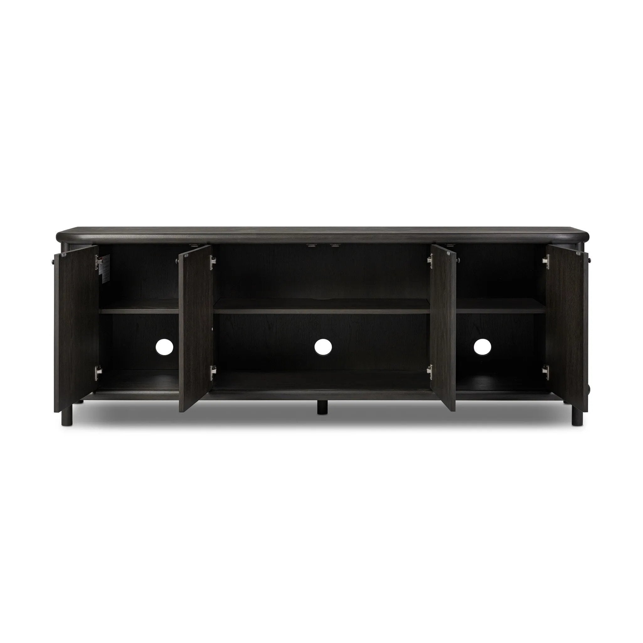 Large cylinder framework defines this oak sideboard with a warm oak finish. Curved lines add softness, while delicate hardwar
