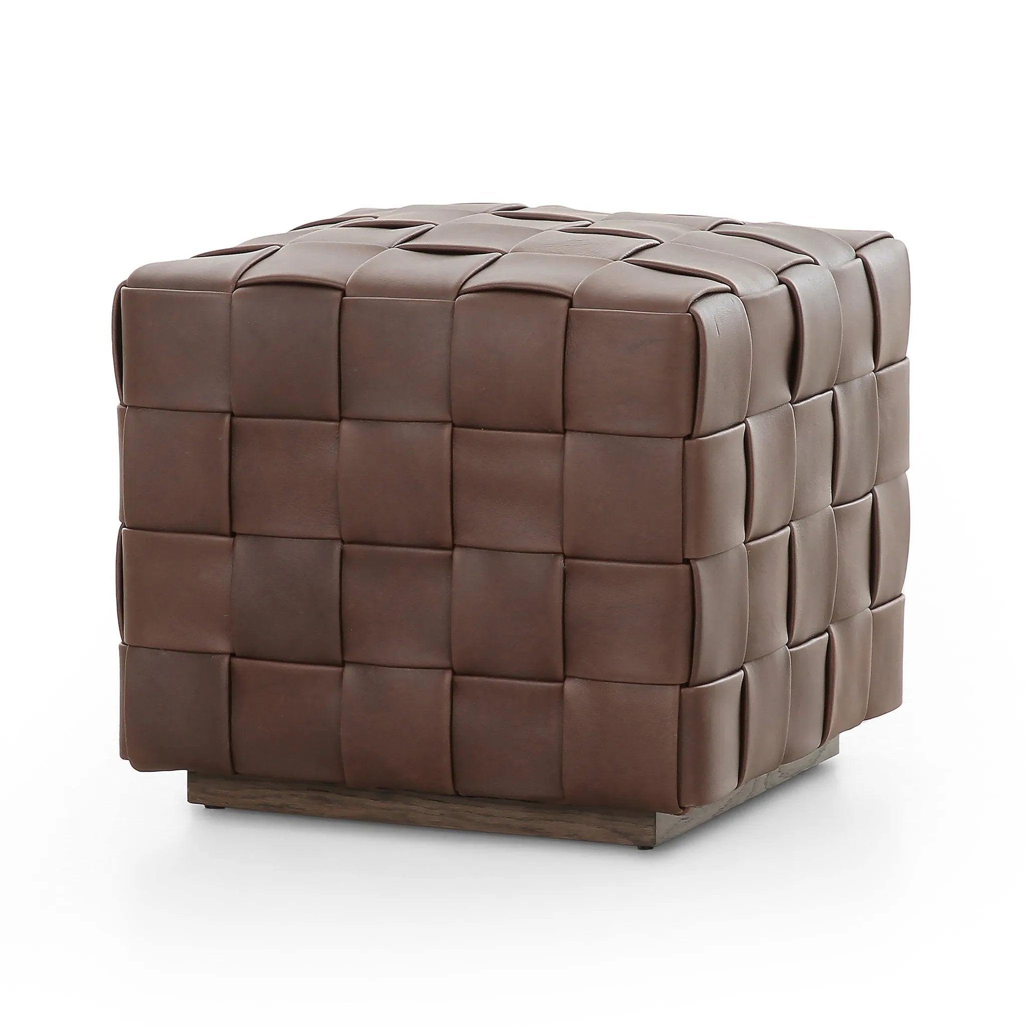 Featuring Flores Lorento Cigar Ottoman by Four Hands at Amethyst Home. Soft, specialized top-grain leather is hand-woven, crafting a look of a treasured vintage find. Use as bonus seating or style with a tray for an extra surface.Overall Dimensions: 19.50"w x 19.50"d x 17.00"hWeight : 31.31 lbsMaterials: Top Grain Leather, Solid Oak, 100% Polyester. Amethyst Home provides interior design, new home construction design consulting, vintage area rugs, and lighting in the Seattle metro area.
