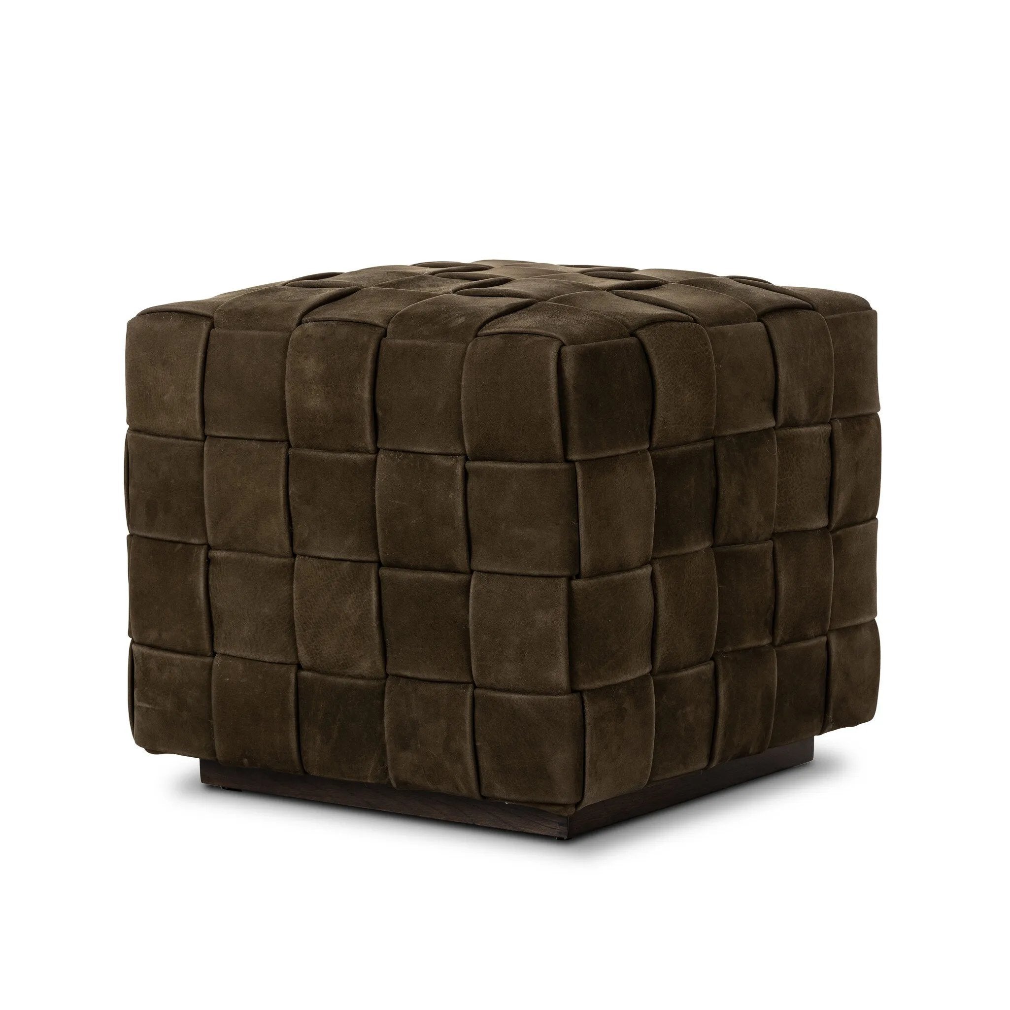 Soft, specialized top-grain leather is hand-woven, crafting a look of a treasured vintage find. Use as bonus seating or style with a tray for an extra surface Amethyst Home provides interior design, new home construction design consulting, vintage area rugs, and lighting in the Kansas City metro area.