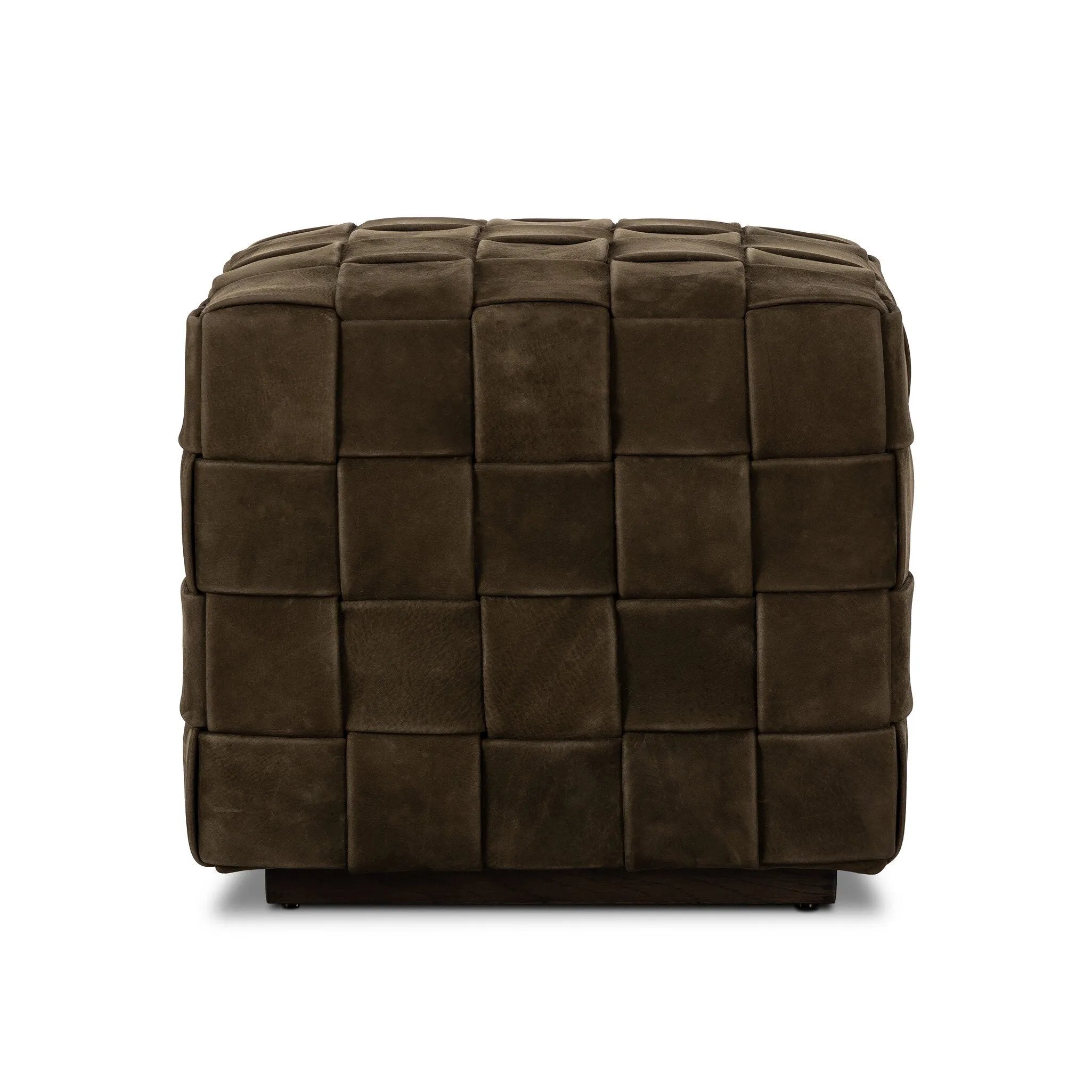 Soft, specialized top-grain leather is hand-woven, crafting a look of a treasured vintage find. Use as bonus seating or style with a tray for an extra surface Amethyst Home provides interior design, new home construction design consulting, vintage area rugs, and lighting in the Omaha metro area.