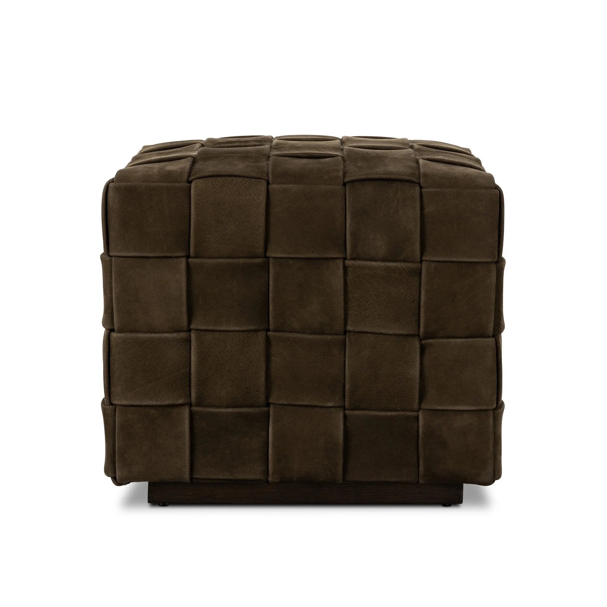 Soft, specialized top-grain leather is hand-woven, crafting a look of a treasured vintage find. Use as bonus seating or style with a tray for an extra surface Amethyst Home provides interior design, new home construction design consulting, vintage area rugs, and lighting in the Washington metro area.