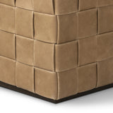 Featuring Flores Palermo Drift Ottoman by Four Hands at Amethyst Home. Soft, specialized top-grain leather is hand-woven, crafting a look of a treasured vintage find. Use as bonus seating or style with a tray for an extra surface.Overall Dimensions: 19.50"w x 19.50"d x 17.00"hWeight : 31.31 lbsMaterials: Top Grain Leather, Solid Oak, 100% Polyester. Amethyst Home provides interior design, new home construction design consulting, vintage area rugs, and lighting in the Kansas City metro area.