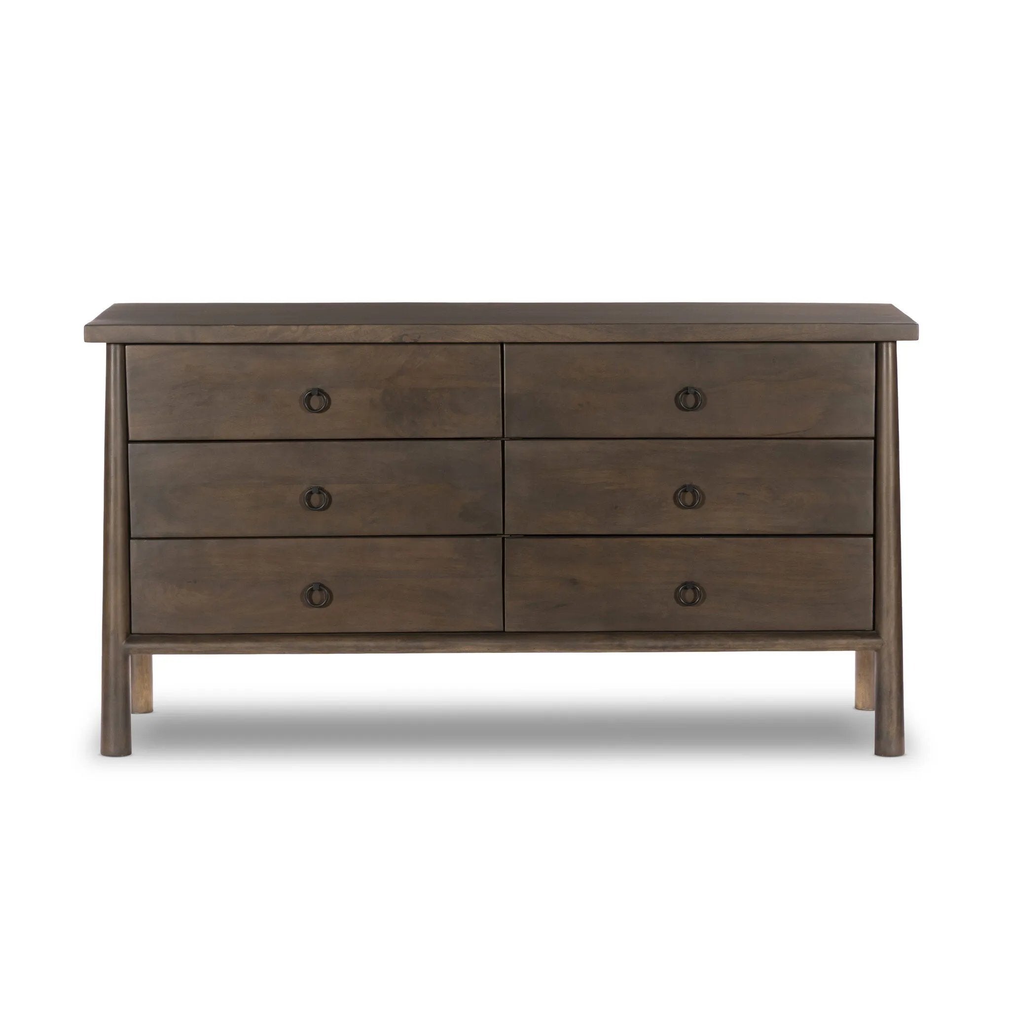 Inspired by French antique design, this dresser stands on round tapered legs with a prominent overhang top. Made of mango wood with cast iron key ring pulls, six drawers make it a versatile addition to the bedroom Amethyst Home provides interior design, new home construction design consulting, vintage area rugs, and lighting in the Austin metro area.