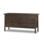 Inspired by French antique design, this dresser stands on round tapered legs with a prominent overhang top. Made of mango wood with cast iron key ring pulls, six drawers make it a versatile addition to the bedroom Amethyst Home provides interior design, new home construction design consulting, vintage area rugs, and lighting in the Newport Beach metro area.