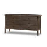 Inspired by French antique design, this dresser stands on round tapered legs with a prominent overhang top. Made of mango wood with cast iron key ring pulls, six drawers make it a versatile addition to the bedroom Amethyst Home provides interior design, new home construction design consulting, vintage area rugs, and lighting in the Newport Beach metro area.