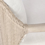 Dove-grey teak with a washed finish, linen-like upholstery and a braided woven seatback blend together for a monochromatic look on this outdoor chair. The slightly sun-aged look comes together for a style that evokes coastal vibes. Cover or store inside during inclement weather or when not in use. Amethyst Home provides interior design, new home construction design consulting, vintage area rugs, and lighting in the Austin metro area.