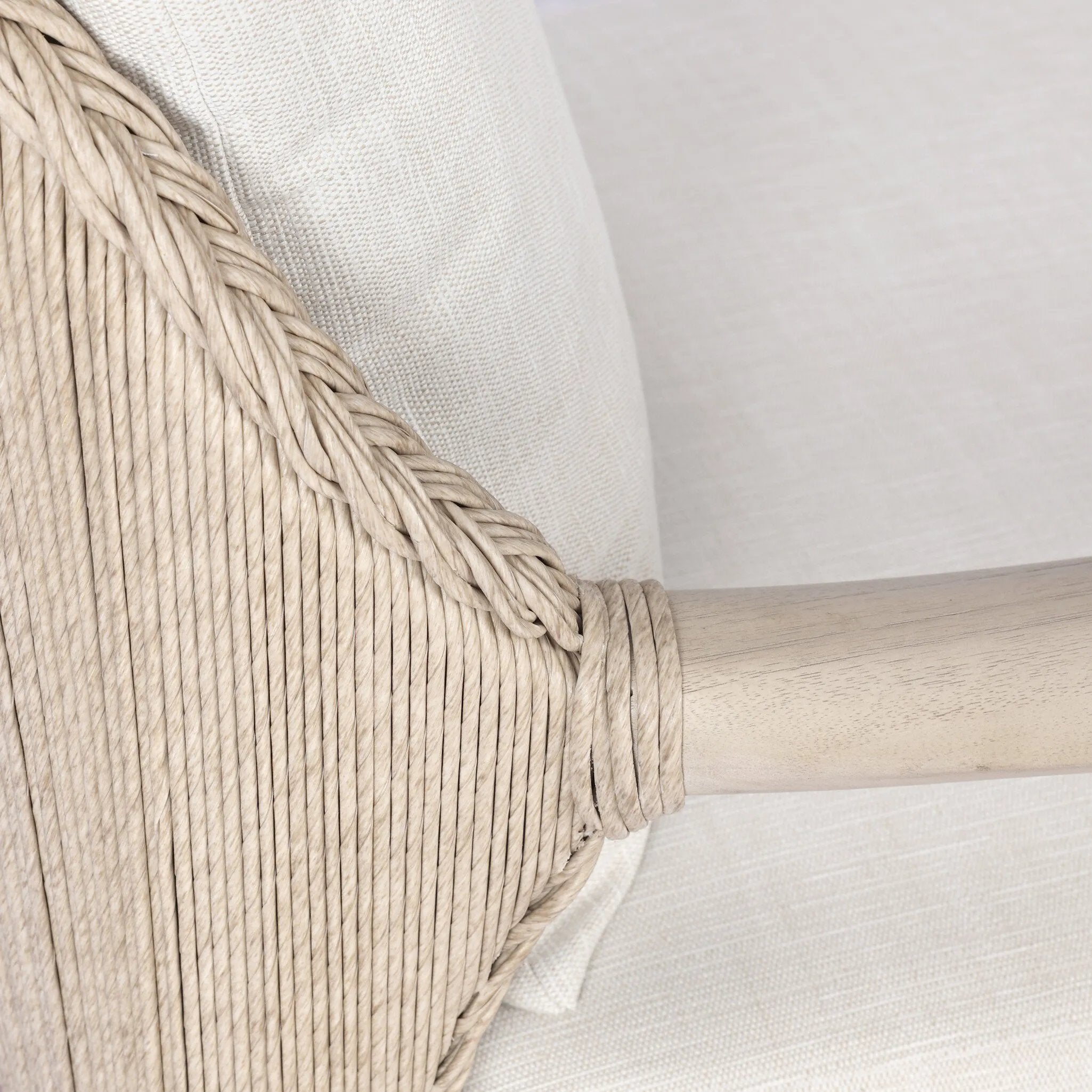 Dove-grey teak with a washed finish, linen-like upholstery and a braided woven seatback blend together for a monochromatic look on this outdoor chair. The slightly sun-aged look comes together for a style that evokes coastal vibes. Cover or store inside during inclement weather or when not in use. Amethyst Home provides interior design, new home construction design consulting, vintage area rugs, and lighting in the Austin metro area.