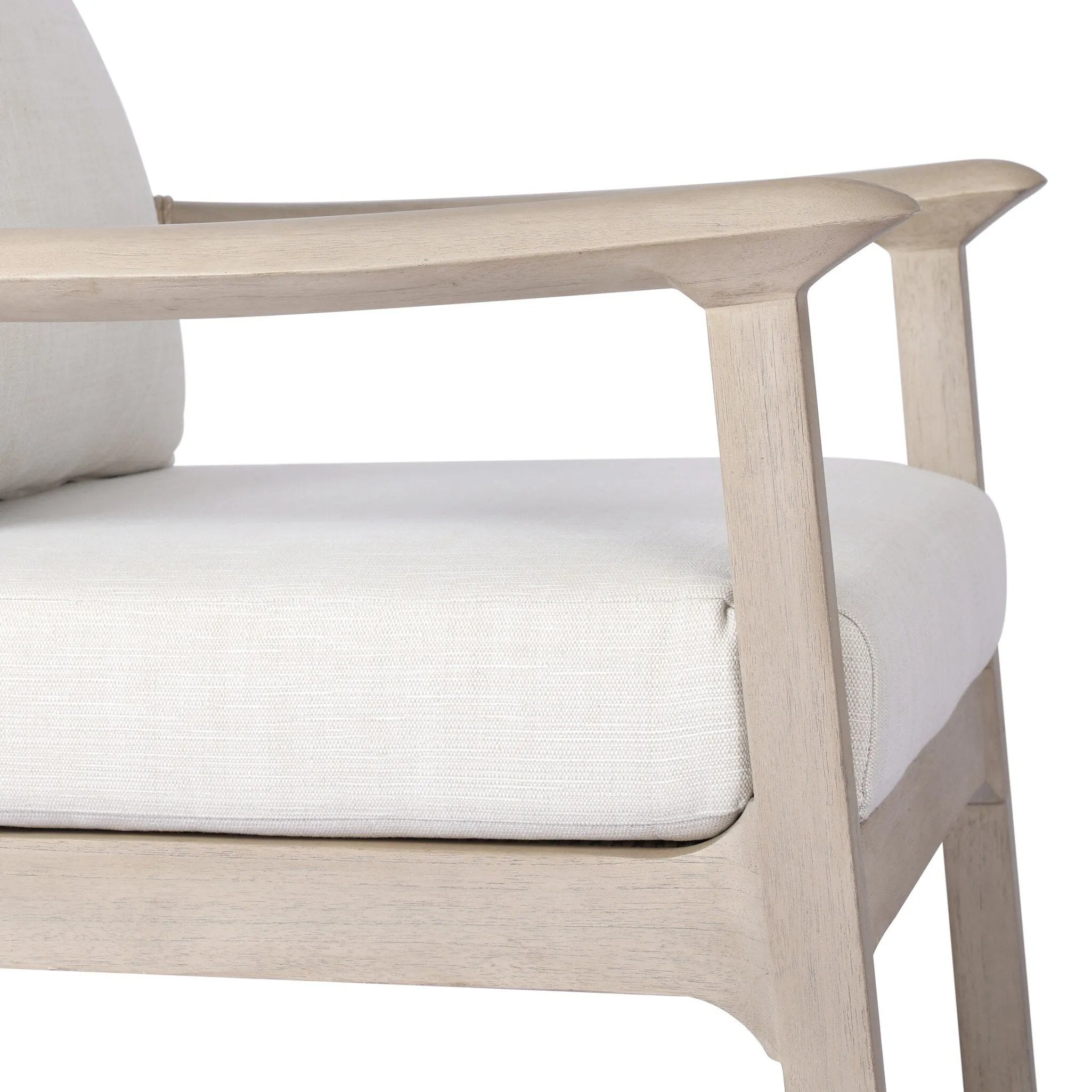 Dove-grey teak with a washed finish, linen-like upholstery and a braided woven seatback blend together for a monochromatic look on this outdoor chair. The slightly sun-aged look comes together for a style that evokes coastal vibes. Cover or store inside during inclement weather or when not in use. Amethyst Home provides interior design, new home construction design consulting, vintage area rugs, and lighting in the Boston metro area.