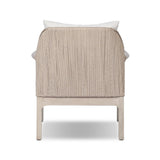 Dove-grey teak with a washed finish, linen-like upholstery and a braided woven seatback blend together for a monochromatic look on this outdoor chair. The slightly sun-aged look comes together for a style that evokes coastal vibes. Cover or store inside during inclement weather or when not in use. Amethyst Home provides interior design, new home construction design consulting, vintage area rugs, and lighting in the Charlotte metro area.