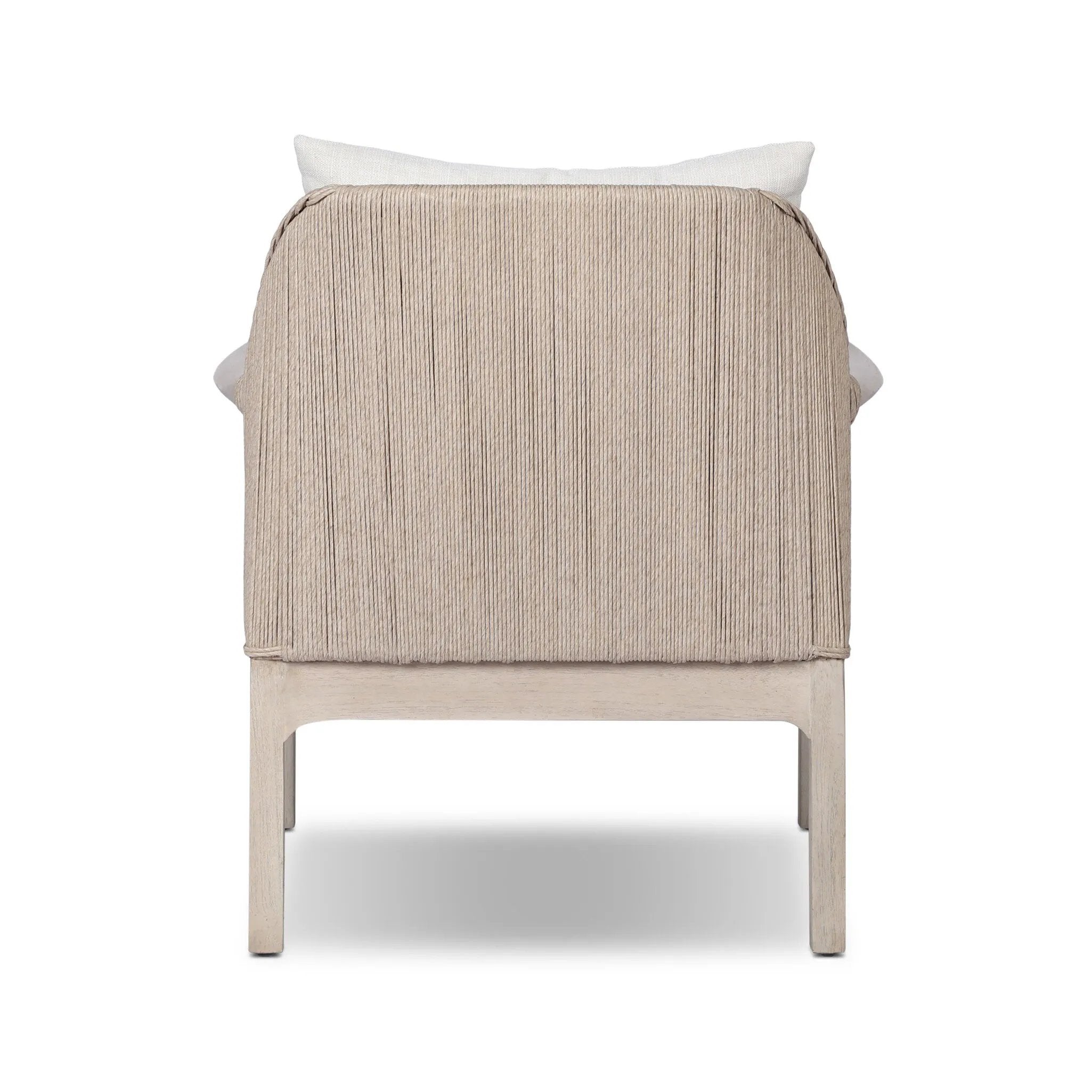 Dove-grey teak with a washed finish, linen-like upholstery and a braided woven seatback blend together for a monochromatic look on this outdoor chair. The slightly sun-aged look comes together for a style that evokes coastal vibes. Cover or store inside during inclement weather or when not in use. Amethyst Home provides interior design, new home construction design consulting, vintage area rugs, and lighting in the Charlotte metro area.