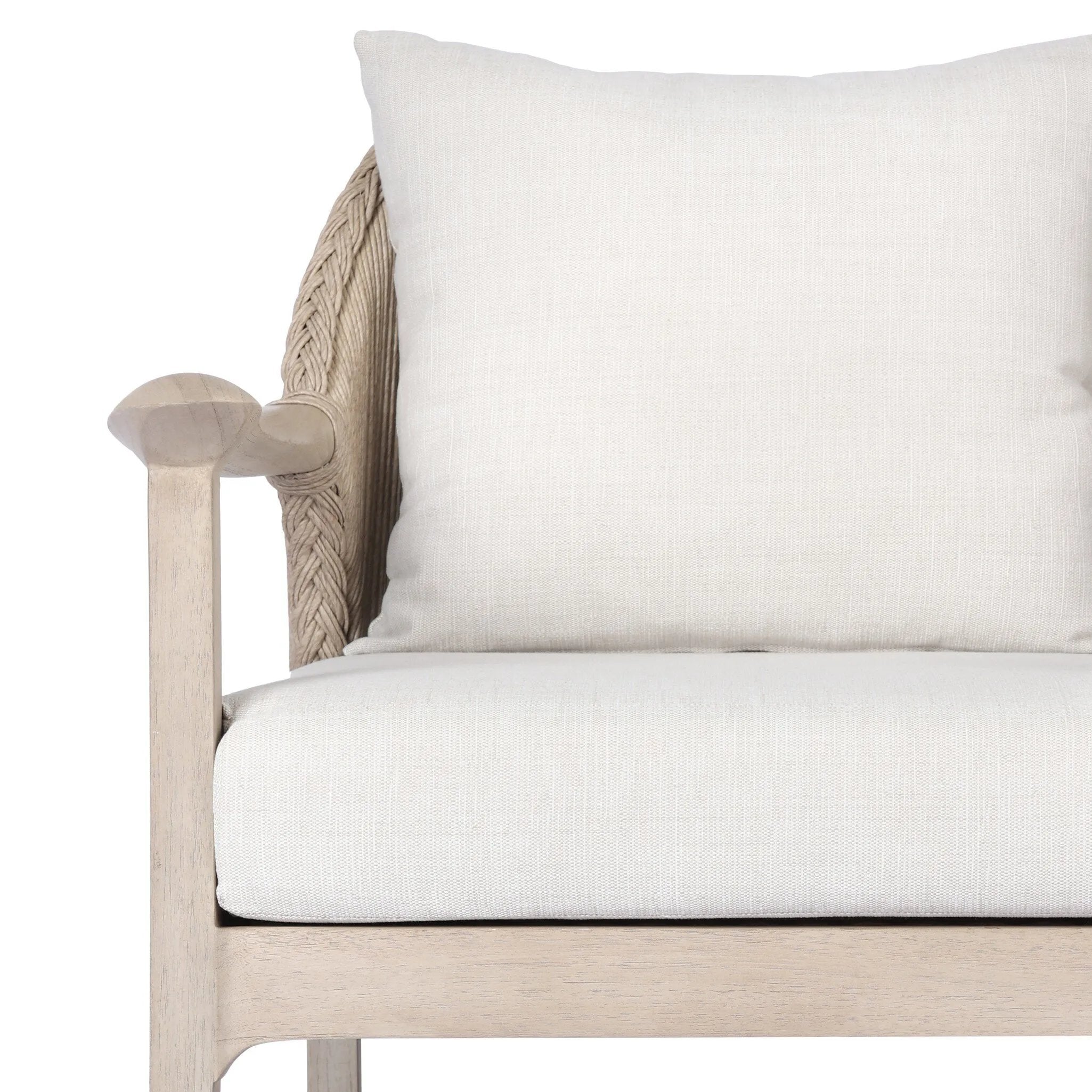 Dove-grey teak with a washed finish, linen-like upholstery and a braided woven seatback blend together for a monochromatic look on this outdoor chair. The slightly sun-aged look comes together for a style that evokes coastal vibes. Cover or store inside during inclement weather or when not in use. Amethyst Home provides interior design, new home construction design consulting, vintage area rugs, and lighting in the Dallas metro area.