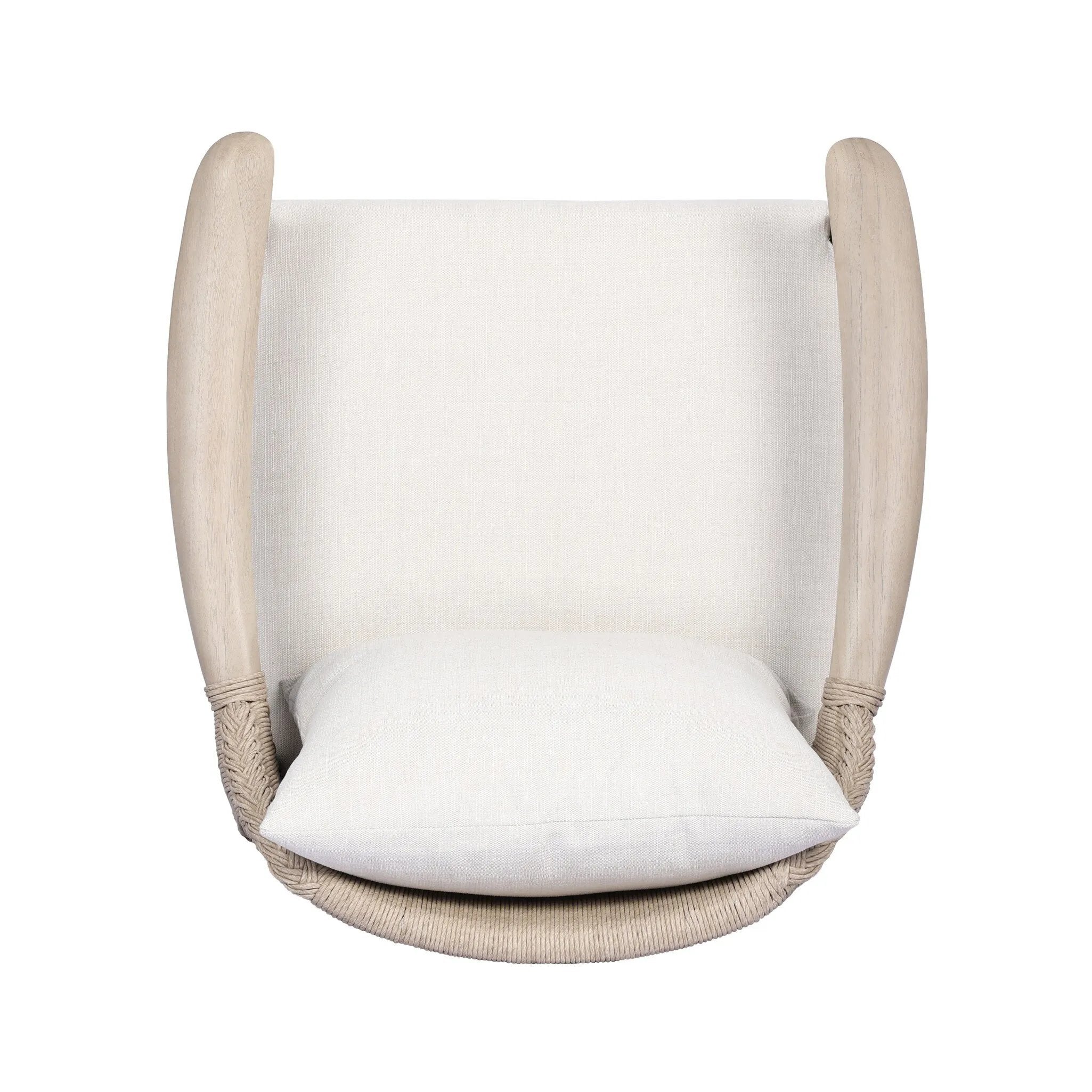 Dove-grey teak with a washed finish, linen-like upholstery and a braided woven seatback blend together for a monochromatic look on this outdoor chair. The slightly sun-aged look comes together for a style that evokes coastal vibes. Cover or store inside during inclement weather or when not in use. Amethyst Home provides interior design, new home construction design consulting, vintage area rugs, and lighting in the Laguna Beach metro area.