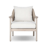 Dove-grey teak with a washed finish, linen-like upholstery and a braided woven seatback blend together for a monochromatic look on this outdoor chair. The slightly sun-aged look comes together for a style that evokes coastal vibes. Cover or store inside during inclement weather or when not in use. Amethyst Home provides interior design, new home construction design consulting, vintage area rugs, and lighting in the Newport Beach metro area.