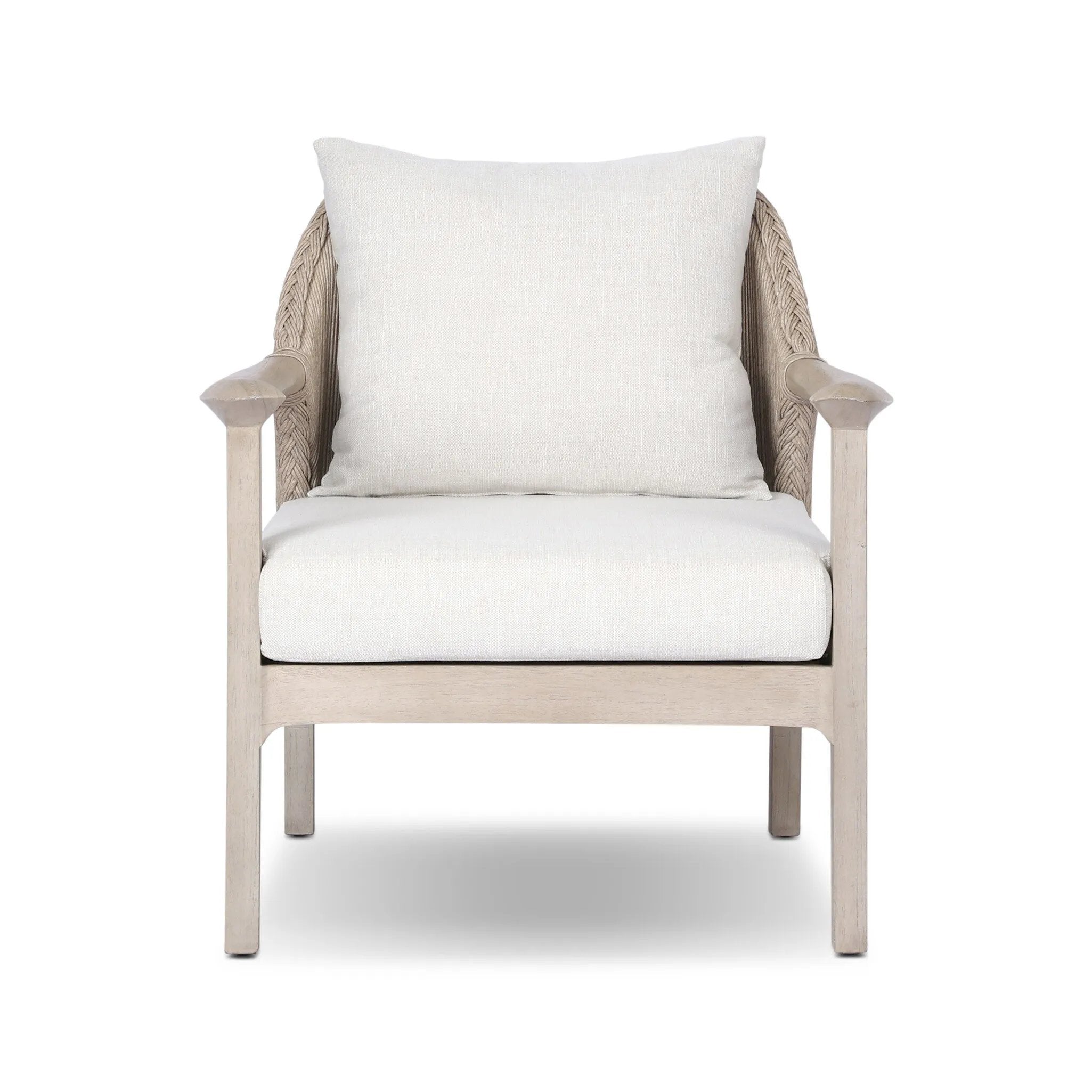 Dove-grey teak with a washed finish, linen-like upholstery and a braided woven seatback blend together for a monochromatic look on this outdoor chair. The slightly sun-aged look comes together for a style that evokes coastal vibes. Cover or store inside during inclement weather or when not in use. Amethyst Home provides interior design, new home construction design consulting, vintage area rugs, and lighting in the Newport Beach metro area.