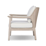 Dove-grey teak with a washed finish, linen-like upholstery and a braided woven seatback blend together for a monochromatic look on this outdoor chair. The slightly sun-aged look comes together for a style that evokes coastal vibes. Cover or store inside during inclement weather or when not in use. Amethyst Home provides interior design, new home construction design consulting, vintage area rugs, and lighting in the San Diego metro area.