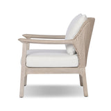 Dove-grey teak with a washed finish, linen-like upholstery and a braided woven seatback blend together for a monochromatic look on this outdoor chair. The slightly sun-aged look comes together for a style that evokes coastal vibes. Cover or store inside during inclement weather or when not in use. Amethyst Home provides interior design, new home construction design consulting, vintage area rugs, and lighting in the San Diego metro area.
