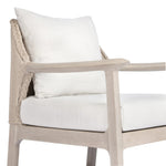 Dove-grey teak with a washed finish, linen-like upholstery and a braided woven seatback blend together for a monochromatic look on this outdoor chair. The slightly sun-aged look comes together for a style that evokes coastal vibes. Cover or store inside during inclement weather or when not in use. Amethyst Home provides interior design, new home construction design consulting, vintage area rugs, and lighting in the Scottsdale metro area.