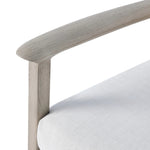 Dove-grey teak with a washed finish, linen-like upholstery and a braided woven seatback blend together for a monochromatic look on this outdoor sofa, perfect for small spaces. The slightly sun-aged look comes together for a style that evokes coastal vibes. Cover or store inside during inclement weather or when not in use. Amethyst Home provides interior design, new home construction design consulting, vintage area rugs, and lighting in the Austin metro area.