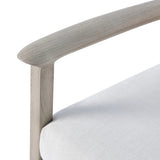 Dove-grey teak with a washed finish, linen-like upholstery and a braided woven seatback blend together for a monochromatic look on this outdoor sofa, perfect for small spaces. The slightly sun-aged look comes together for a style that evokes coastal vibes. Cover or store inside during inclement weather or when not in use. Amethyst Home provides interior design, new home construction design consulting, vintage area rugs, and lighting in the Austin metro area.