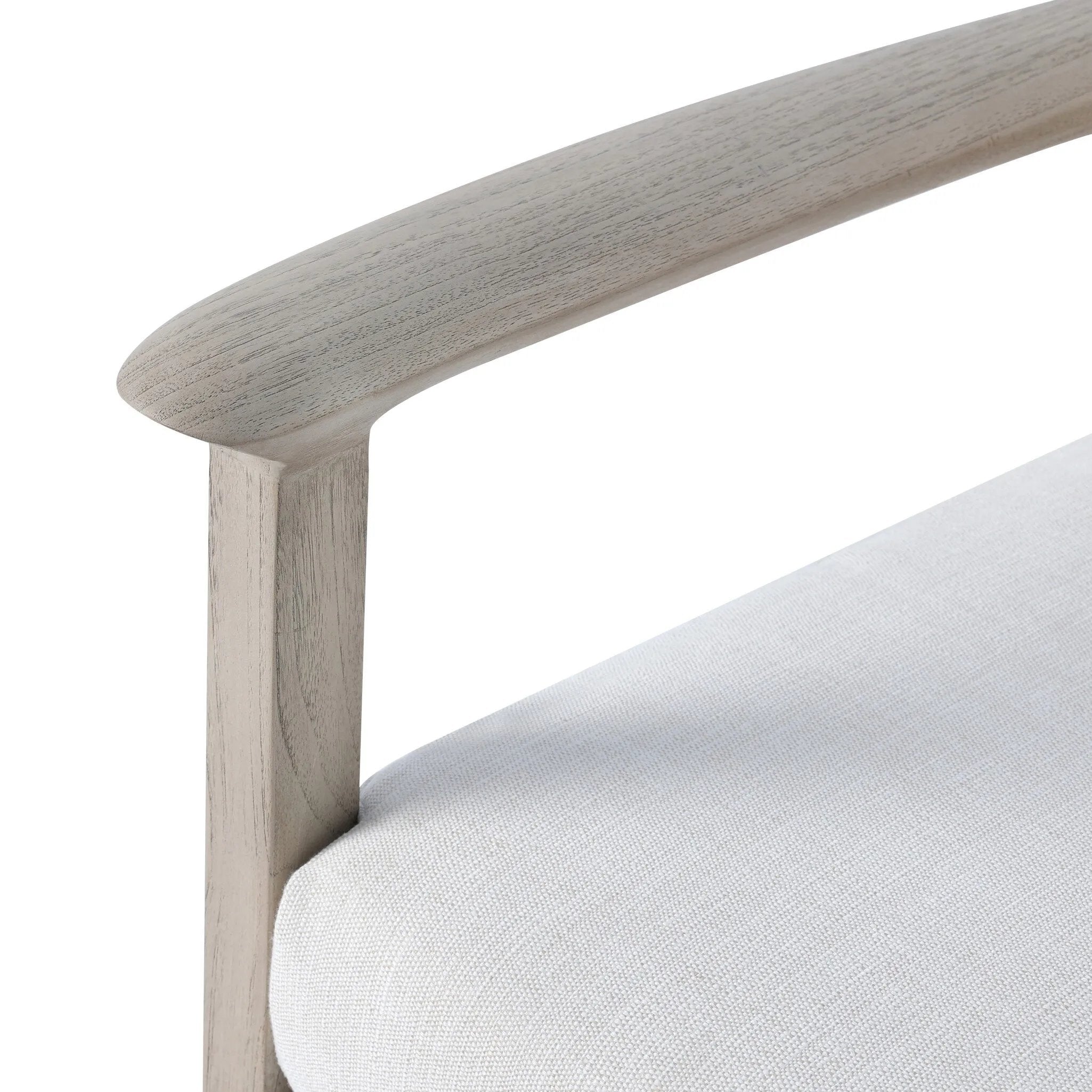 Dove-grey teak with a washed finish, linen-like upholstery and a braided woven seatback blend together for a monochromatic look on this outdoor sofa, perfect for small spaces. The slightly sun-aged look comes together for a style that evokes coastal vibes. Cover or store inside during inclement weather or when not in use. Amethyst Home provides interior design, new home construction design consulting, vintage area rugs, and lighting in the Austin metro area.