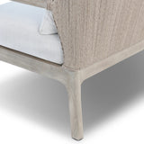 Dove-grey teak with a washed finish, linen-like upholstery and a braided woven seatback blend together for a monochromatic look on this outdoor sofa, perfect for small spaces. The slightly sun-aged look comes together for a style that evokes coastal vibes. Cover or store inside during inclement weather or when not in use. Amethyst Home provides interior design, new home construction design consulting, vintage area rugs, and lighting in the Boston metro area.
