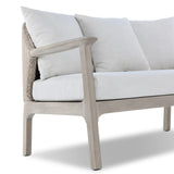 Dove-grey teak with a washed finish, linen-like upholstery and a braided woven seatback blend together for a monochromatic look on this outdoor sofa, perfect for small spaces. The slightly sun-aged look comes together for a style that evokes coastal vibes. Cover or store inside during inclement weather or when not in use. Amethyst Home provides interior design, new home construction design consulting, vintage area rugs, and lighting in the Calabasas metro area.