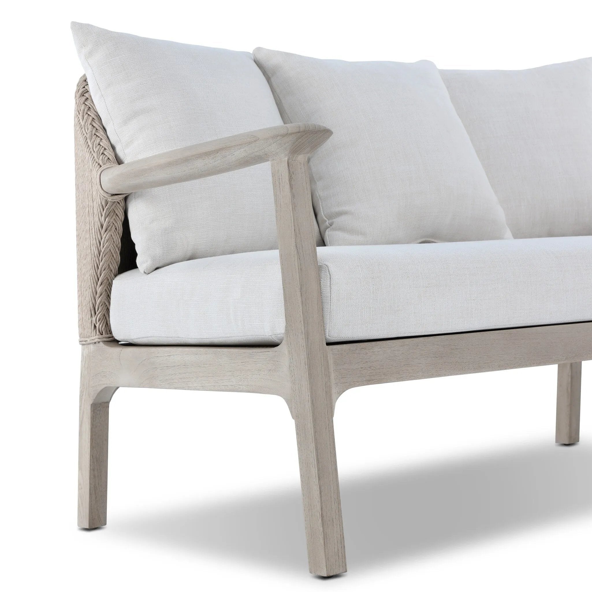 Dove-grey teak with a washed finish, linen-like upholstery and a braided woven seatback blend together for a monochromatic look on this outdoor sofa, perfect for small spaces. The slightly sun-aged look comes together for a style that evokes coastal vibes. Cover or store inside during inclement weather or when not in use. Amethyst Home provides interior design, new home construction design consulting, vintage area rugs, and lighting in the Calabasas metro area.