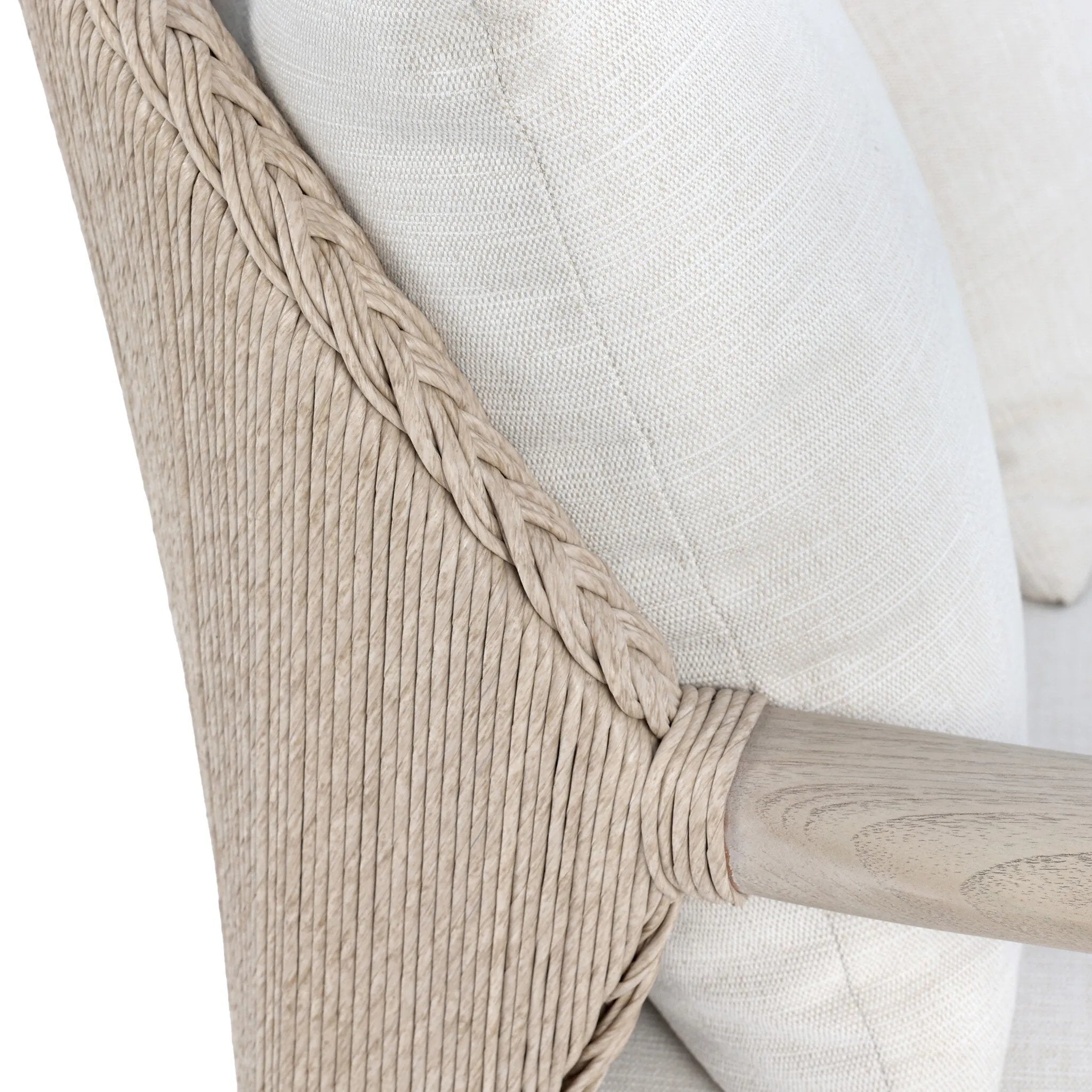 Dove-grey teak with a washed finish, linen-like upholstery and a braided woven seatback blend together for a monochromatic look on this outdoor sofa, perfect for small spaces. The slightly sun-aged look comes together for a style that evokes coastal vibes. Cover or store inside during inclement weather or when not in use. Amethyst Home provides interior design, new home construction design consulting, vintage area rugs, and lighting in the Los Angeles metro area.