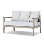 Dove-grey teak with a washed finish, linen-like upholstery and a braided woven seatback blend together for a monochromatic look on this outdoor sofa, perfect for small spaces. The slightly sun-aged look comes together for a style that evokes coastal vibes. Cover or store inside during inclement weather or when not in use. Amethyst Home provides interior design, new home construction design consulting, vintage area rugs, and lighting in the Nashville metro area.
