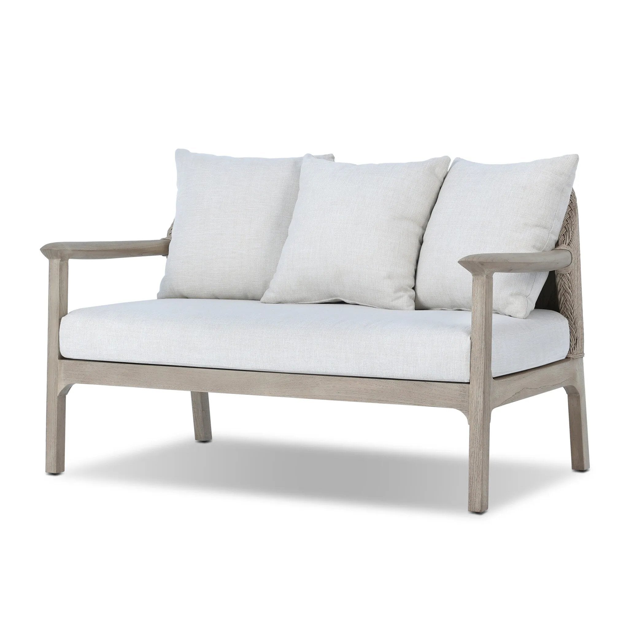 Dove-grey teak with a washed finish, linen-like upholstery and a braided woven seatback blend together for a monochromatic look on this outdoor sofa, perfect for small spaces. The slightly sun-aged look comes together for a style that evokes coastal vibes. Cover or store inside during inclement weather or when not in use. Amethyst Home provides interior design, new home construction design consulting, vintage area rugs, and lighting in the Nashville metro area.