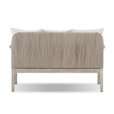 Dove-grey teak with a washed finish, linen-like upholstery and a braided woven seatback blend together for a monochromatic look on this outdoor sofa, perfect for small spaces. The slightly sun-aged look comes together for a style that evokes coastal vibes. Cover or store inside during inclement weather or when not in use. Amethyst Home provides interior design, new home construction design consulting, vintage area rugs, and lighting in the San Diego metro area.
