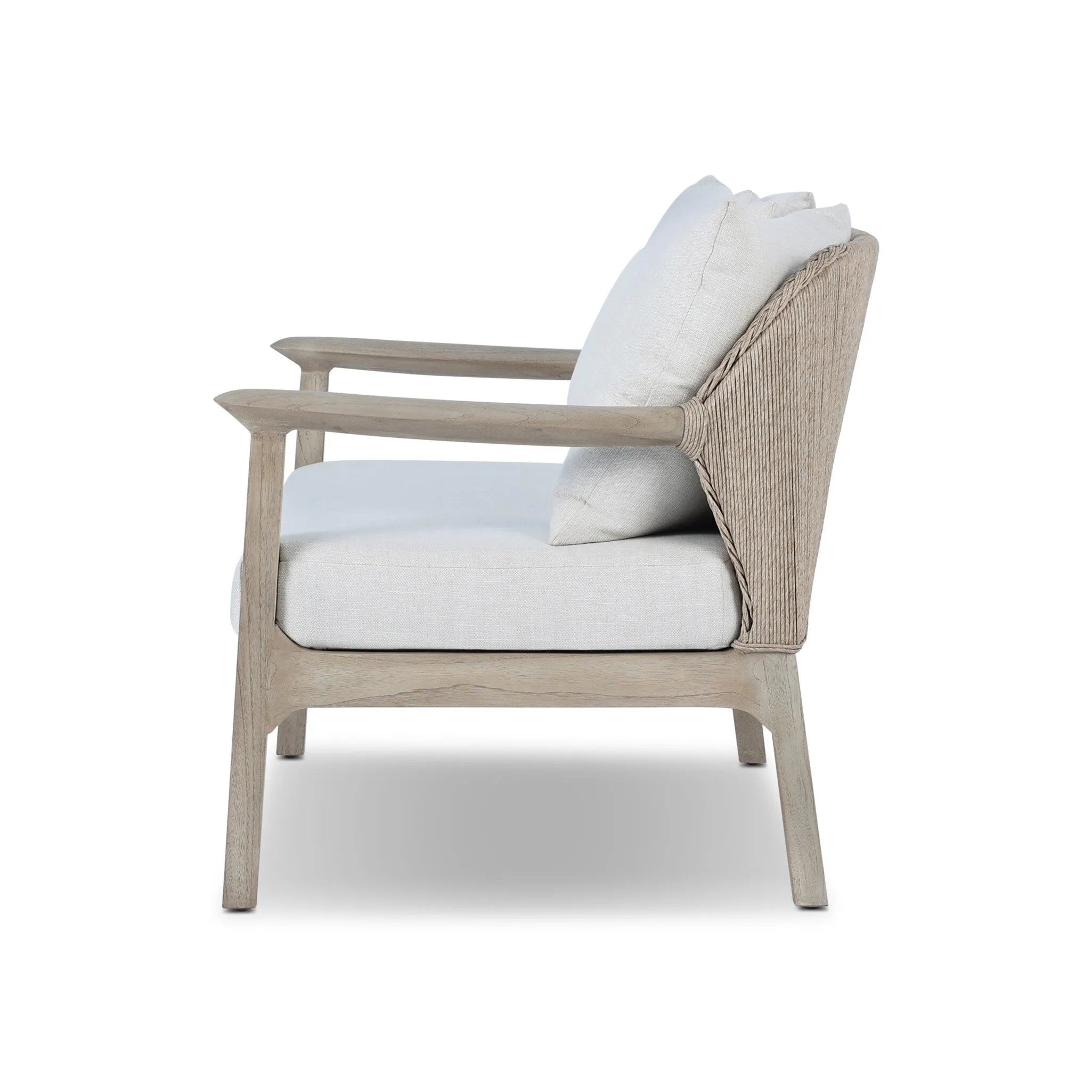 Dove-grey teak with a washed finish, linen-like upholstery and a braided woven seatback blend together for a monochromatic look on this outdoor sofa, perfect for small spaces. The slightly sun-aged look comes together for a style that evokes coastal vibes. Cover or store inside during inclement weather or when not in use. Amethyst Home provides interior design, new home construction design consulting, vintage area rugs, and lighting in the Tampa metro area.